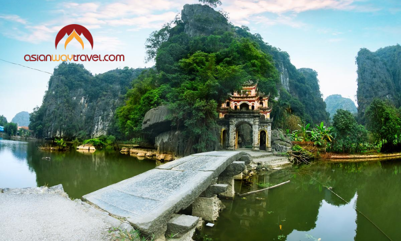 Ancient stone bridge leading to Bich Dong Pagoda in Ninh Binh