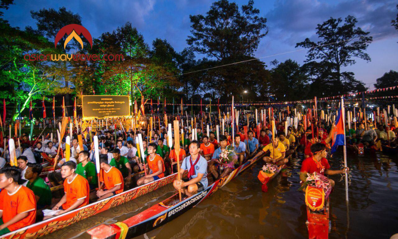 Cambodian boat race festival at dusk
