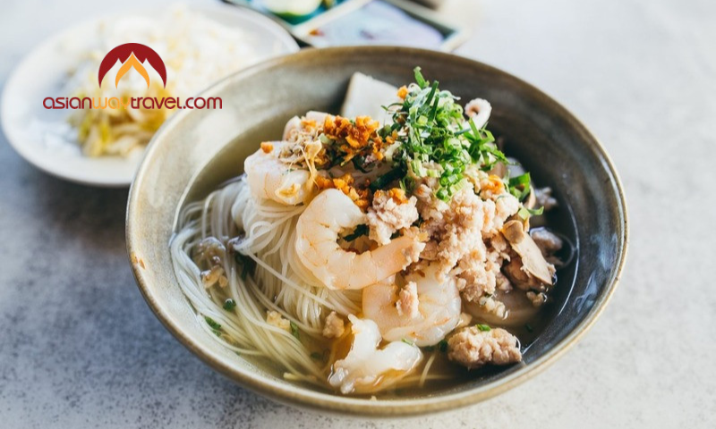Cambodian noodle soup with fresh shrimp and herbs