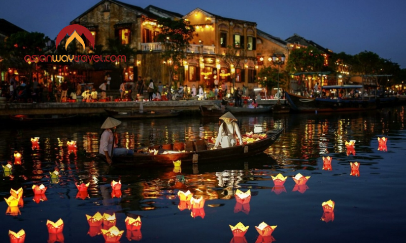 Lanterns floating on the Hoai River in Hoi An at night