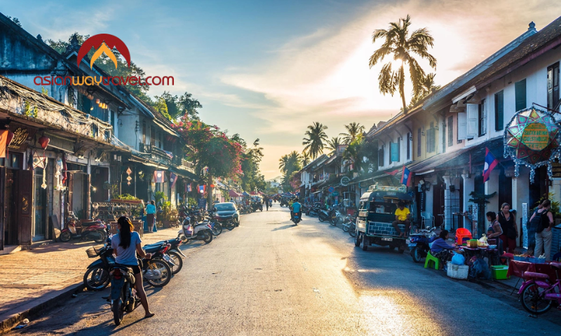 Luang Prabang old town street at sunset