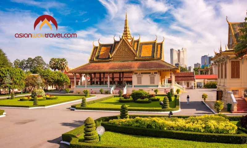 Royal Palace gardens with classic Khmer architecture in Phnom Penh