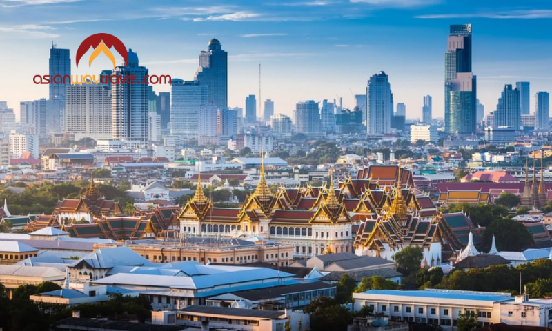 Bangkok skyline with the Grand Palace in the foreground