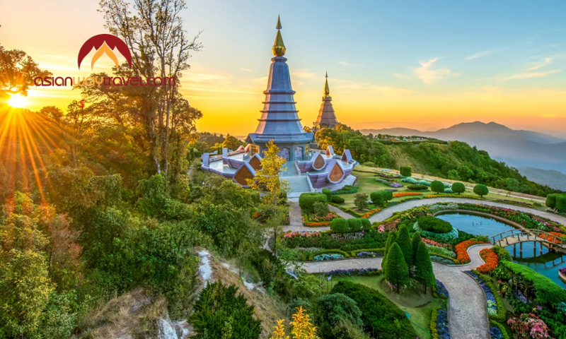 Twin pagodas at sunset in Doi Inthanon, Chiang Mai