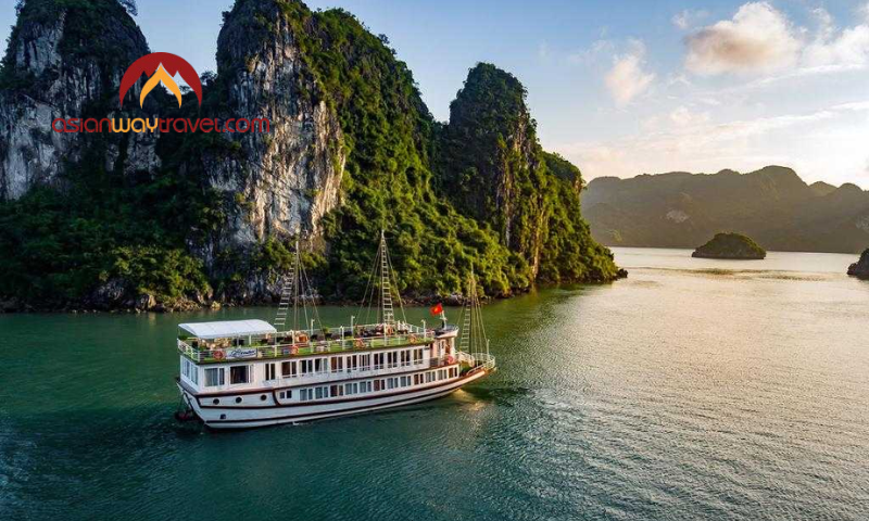 Peaceful Halong Bay cruise at sunset