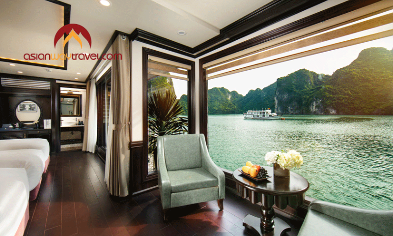 Elegant cruise cabin with Halong Bay views