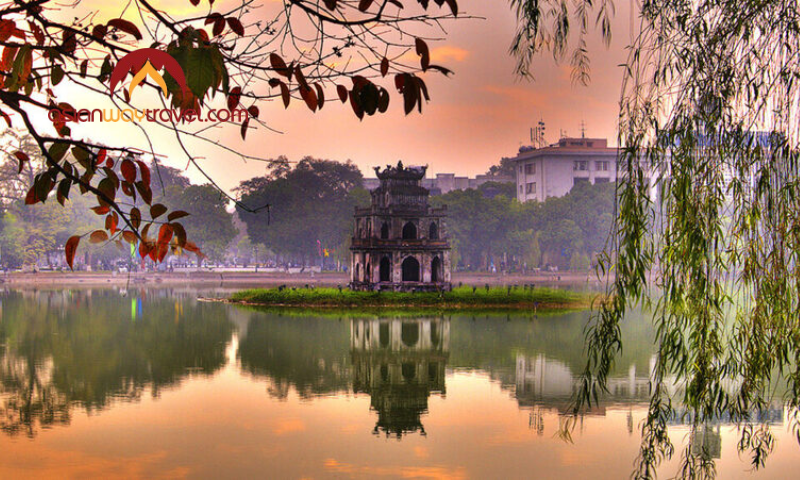 Hoan Kiem Lake at sunset in Hanoi