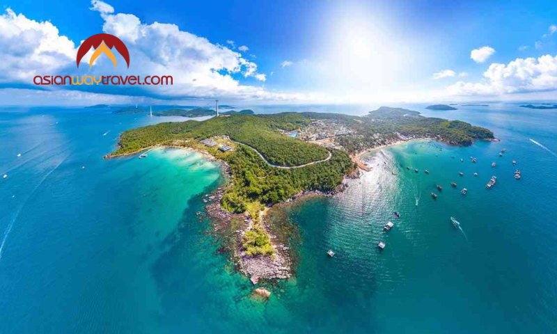 A panoramic aerial view of a tropical island in Vietnam