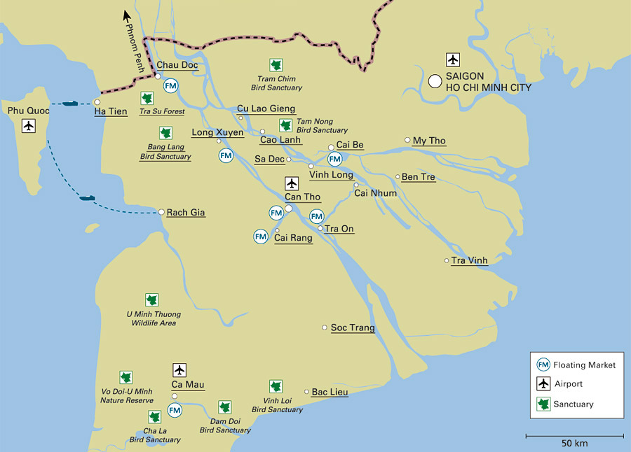 mekong delta map en - Mekong Delta Highlights & Travel Guide 2022